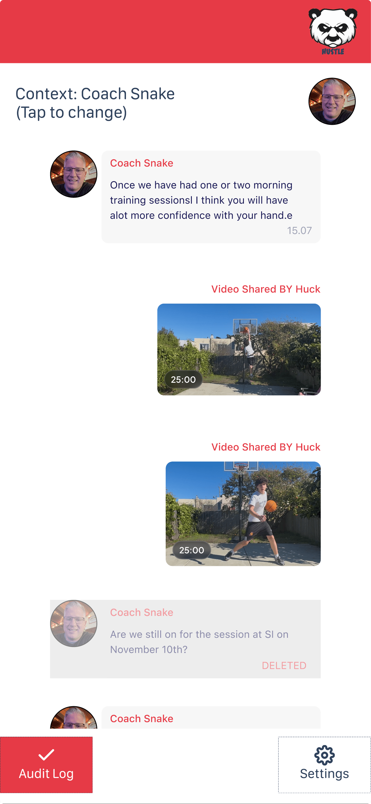 Shows the Trainer Athlete Audit log the parent can use to monitor interactions