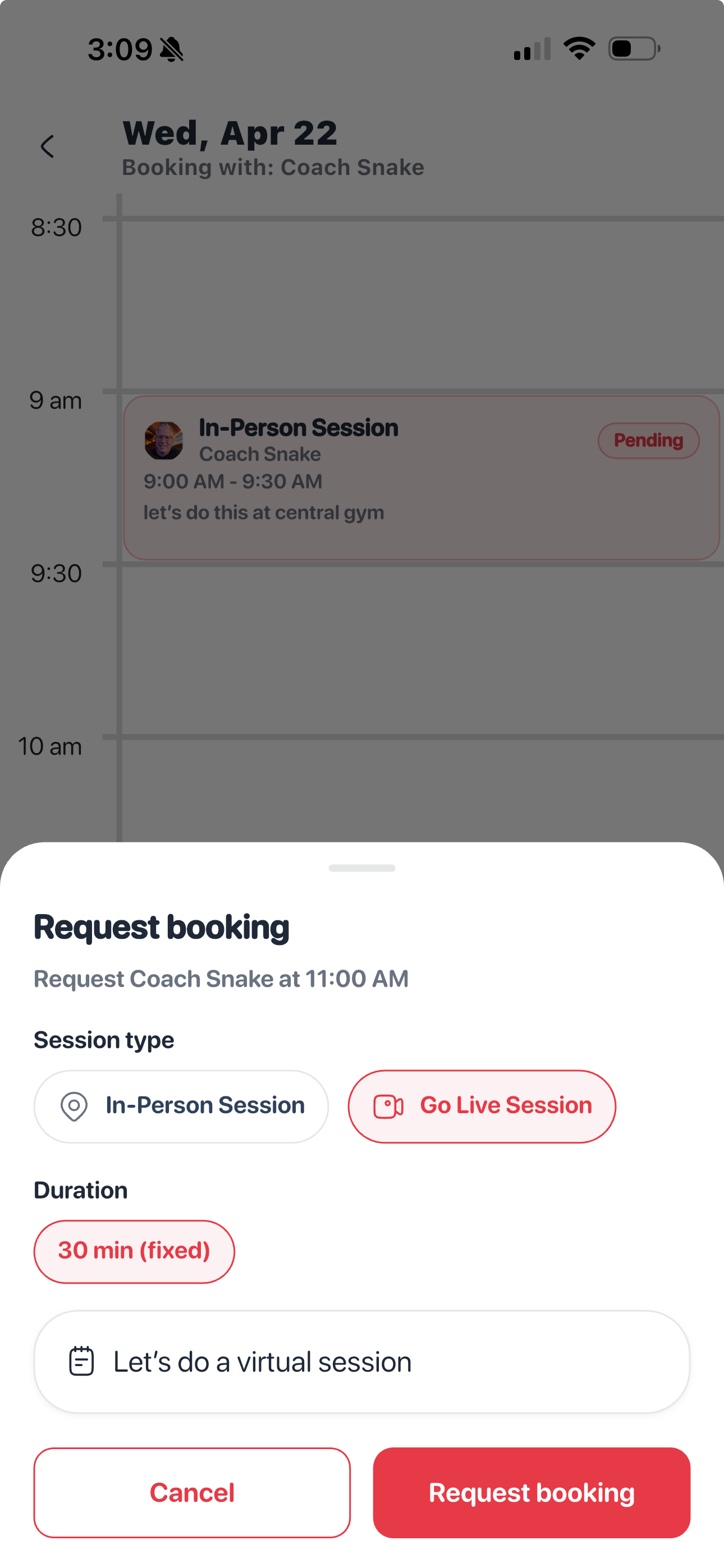 Shows the in app booking functionality
