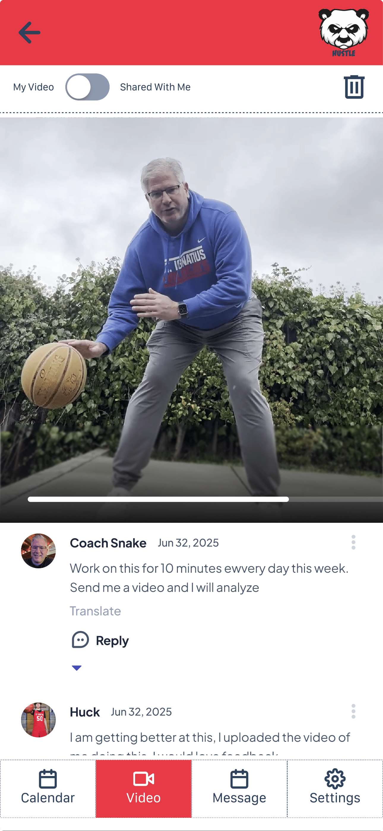 Opened video of Trainer Describing drill and the comment section between the trainer and Athlete