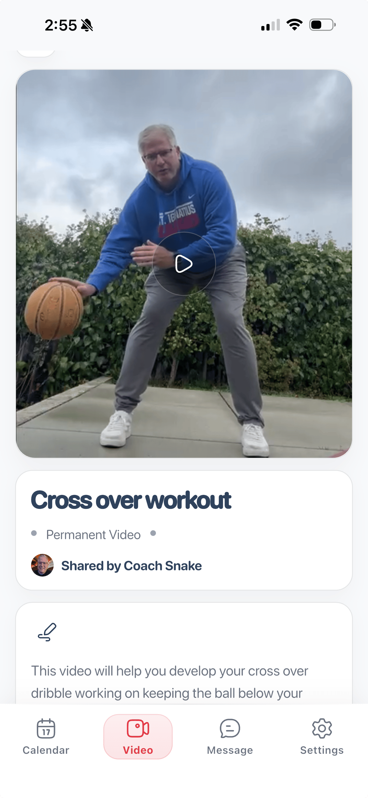 Opened video of Trainer Describing drill and the comment section between the trainer and Athlete